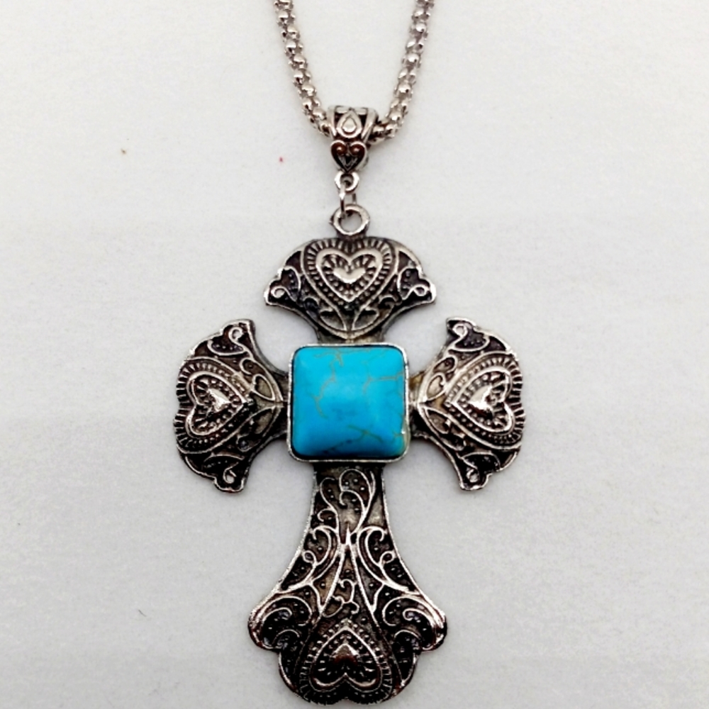 Sterling Silver Cross w/ Blue Turquoise